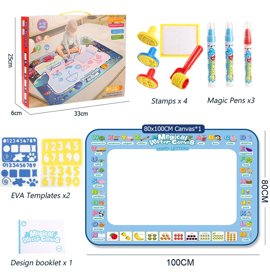 Large Magic Water Drawing Doodle Mat (100x80cm) - Reusable No-Mess Painting Board