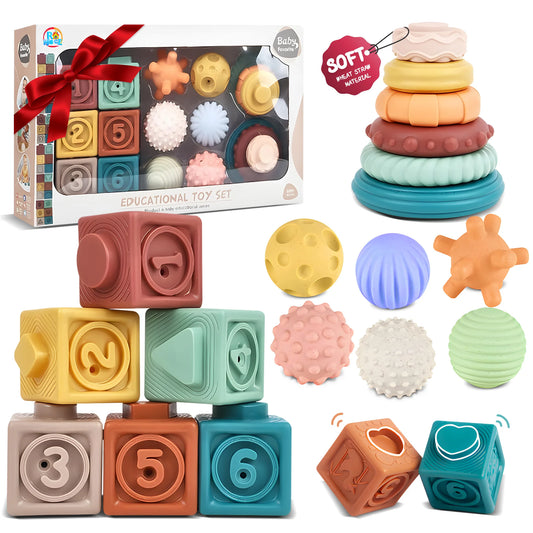 18PCS Montessori Sensory Toy Set - Soft Stacking Blocks, Teething Rings & Balls