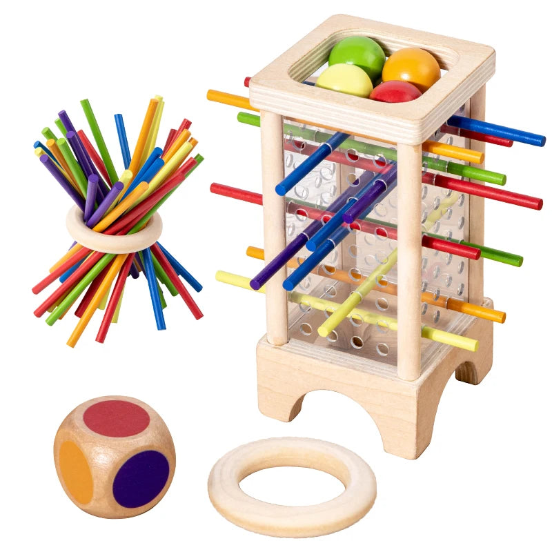 Wooden Stick Board Game Parent Child Interaction Montessori Wooden Toys, 4-sided Acrylic Cylinder Game, Stick Picking Game