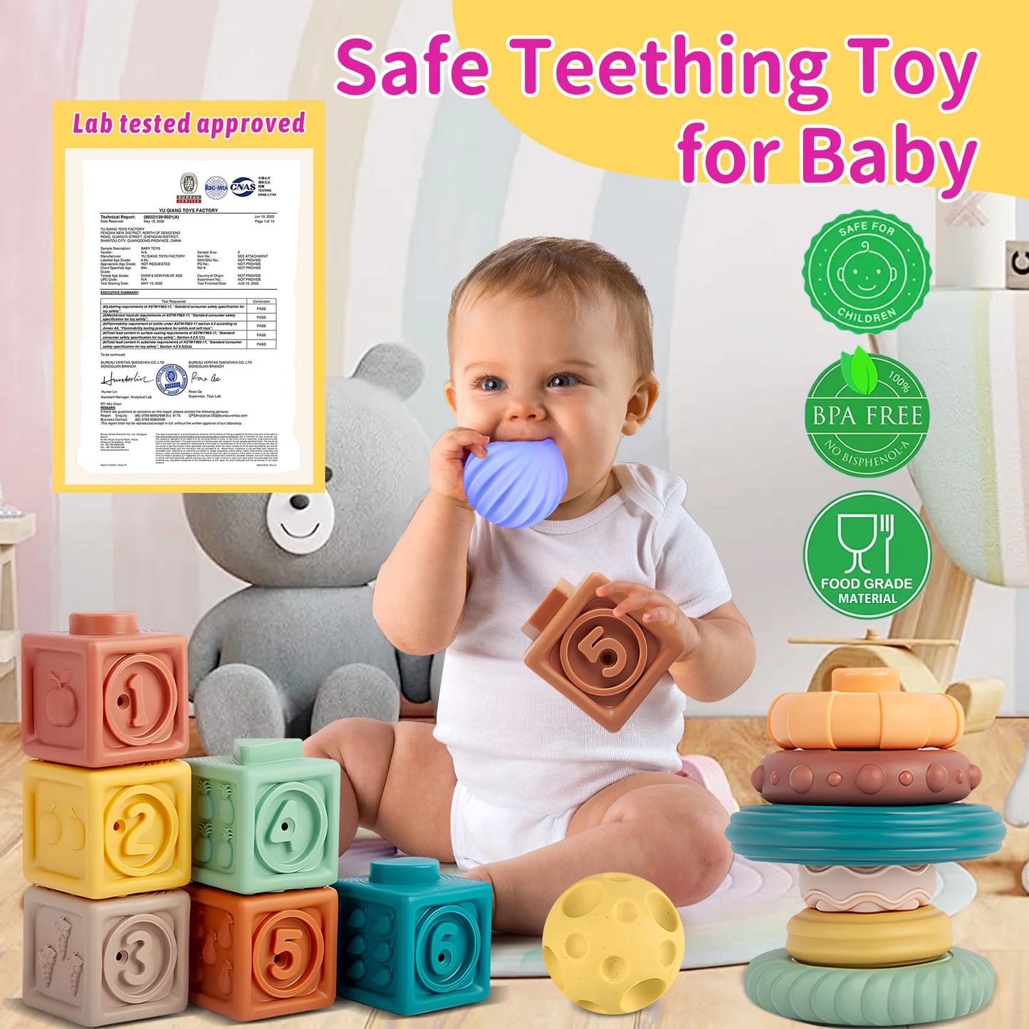 18PCS Montessori Sensory Toy Set - Soft Stacking Blocks, Teething Rings & Balls