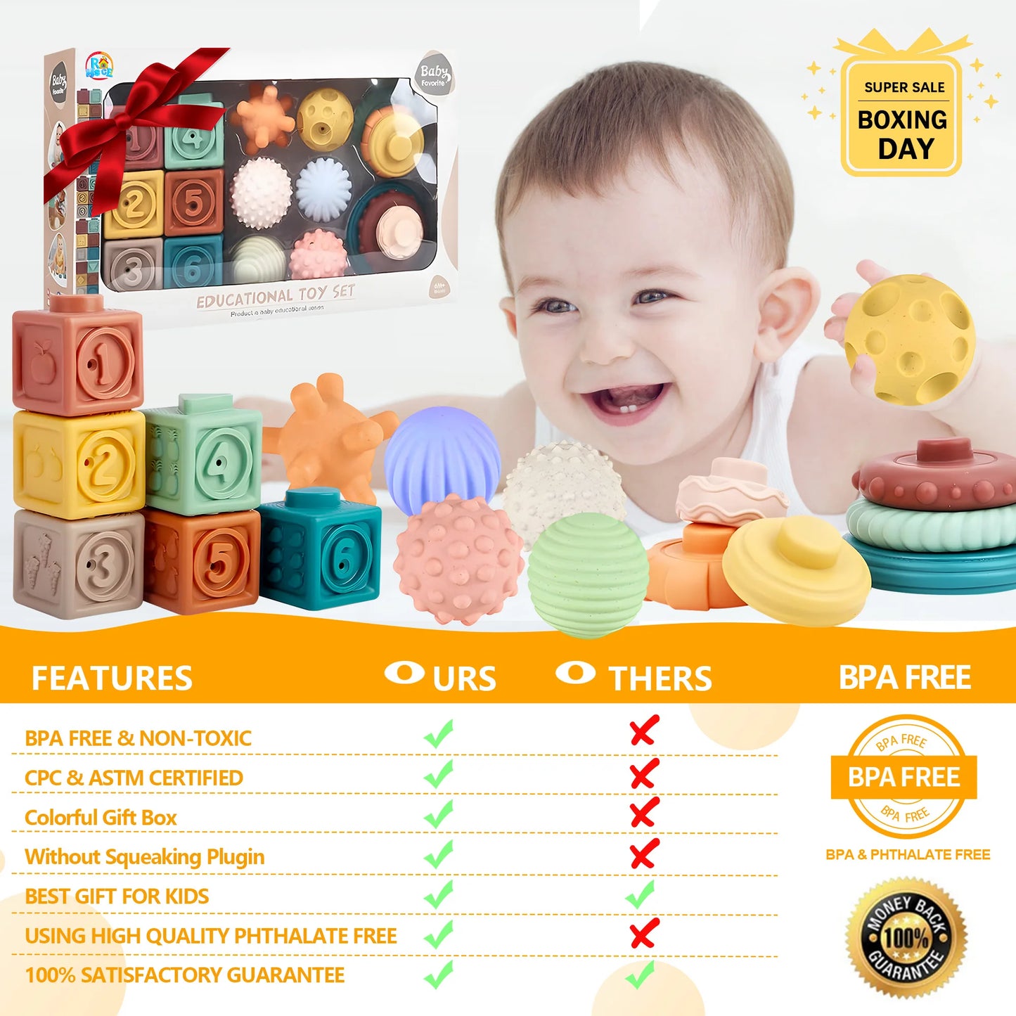 18PCS Montessori Sensory Toy Set - Soft Stacking Blocks, Teething Rings & Balls