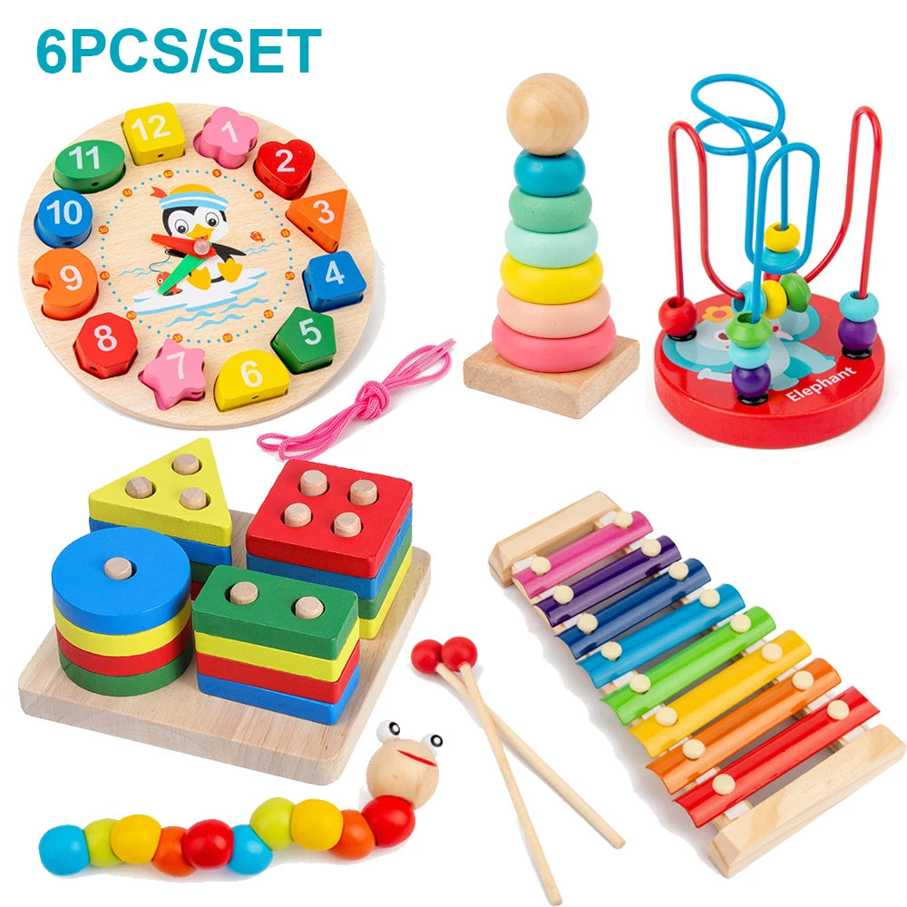 Premium 6-in-1 Montessori Wooden Educational Toy Set 🧸🎨