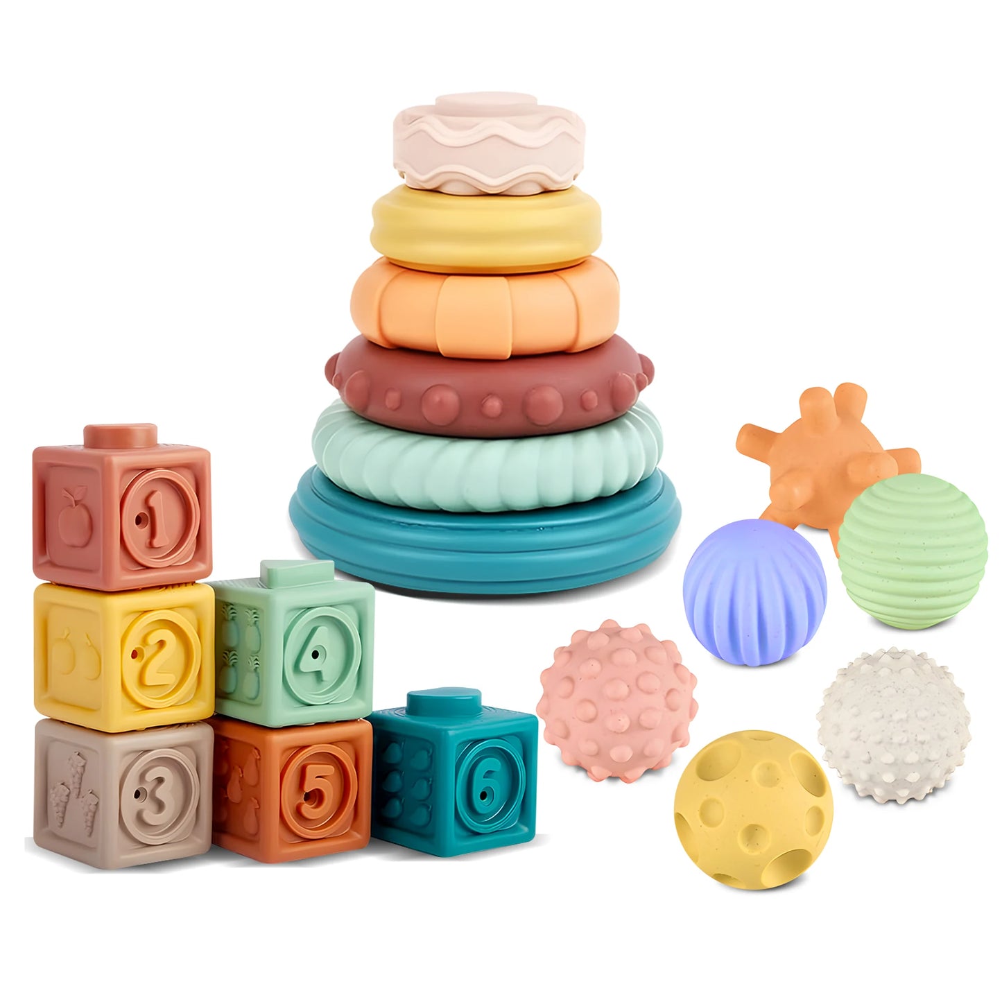 18PCS Montessori Sensory Toy Set - Soft Stacking Blocks, Teething Rings & Balls