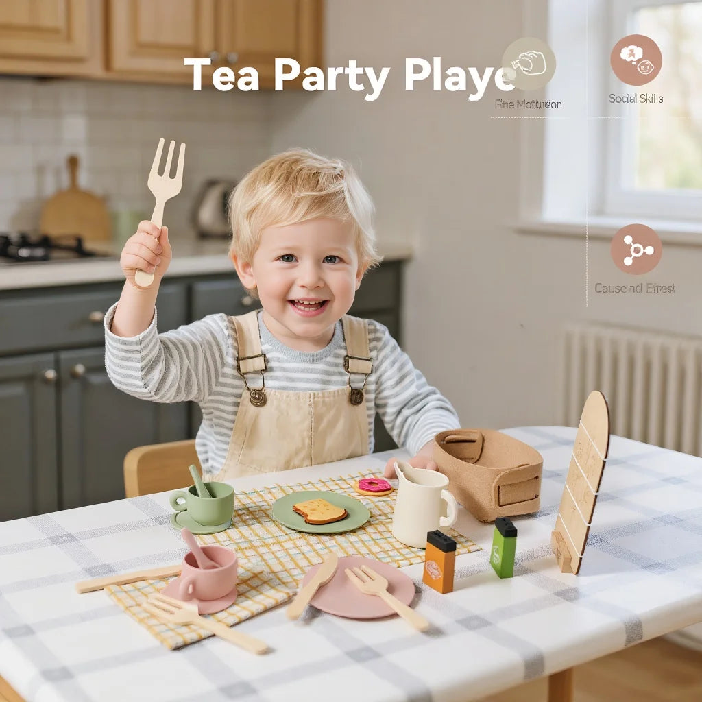 Premium Wooden Montessori Tea Party Playset | High-Quality Pretend Play Kitchen Toy for Toddlers 🧸✨